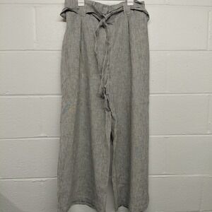 Max Studio Wide Leg Crop Pants Sz MEDIUM Linen Blend Black Vertical Striped Belt